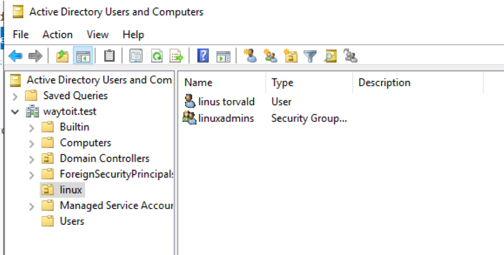 En Active Directory Users and Computers, crear un OU llamada linux y dentro un grupo linuxadmins y un usuario linus torvalds miembro del grupo